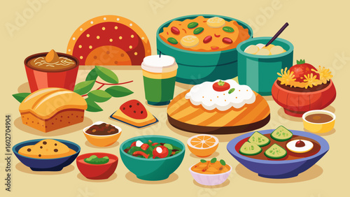Vector art of an abundant and varied selection of indian delicacies featuring multiple bowls of food and beverages is artfully arranged on a light yellow surface