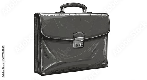 Illustration of a closed black leather briefcase with a silver latch and a handle on the top side