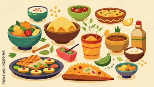 Vector art of an abundant and colorful spread of indian food including various dishes and beverages is arranged on a light beige surface with scattered elements