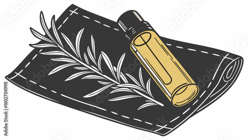 Aromatherapy elegance with a modern twist featuring a stylish roll-on bottle and fresh rosemary sprig on a minimalist napkin, perfect for wellness and natural product promotions