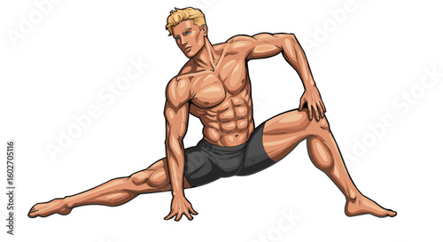 Illustration of a muscular man with blonde hair doing a split on a white background in black shorts