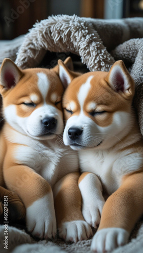Akita puppy's cuddle up