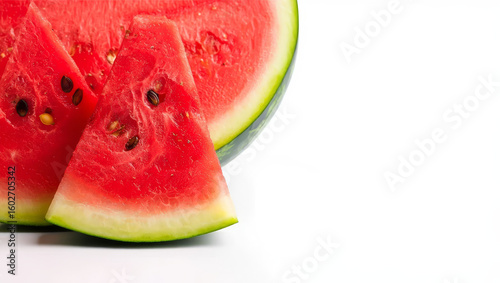 Assorted close-up shots of watermelon halves and slices on black, white and grey backgrounds, showcasing juicy red flesh and seeds.