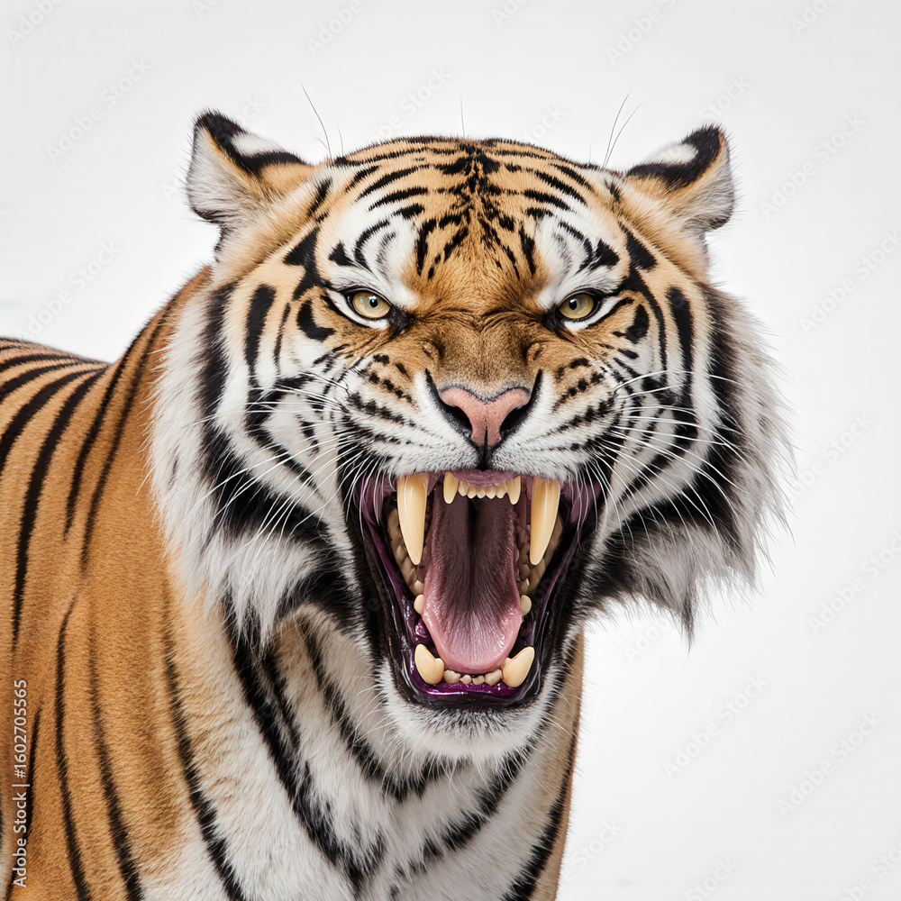 Naklejka premium Tiger's Roar: A captivating, close-up portrait of a majestic tiger, showcasing its fierce, open-mouthed roar, revealing sharp fangs, and intense eyes, embodying the raw power of the wild.