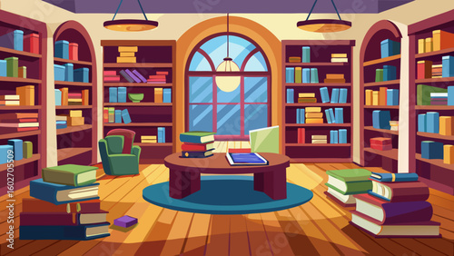 Vector art of a cozy and welllit library interior features tall bookshelves filled with books a comfortable armchair and a central table with books