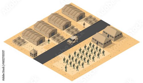 Military base in desert with soldiers and supplies isometric view
