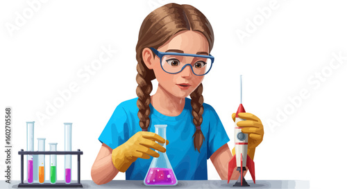 Young girl with safety glasses conducting a science experiment with test tubes flask and a rocket model