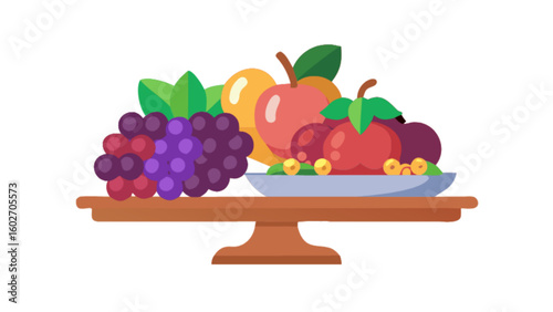Fresh fruit arrangement in vibrant flat design, perfect for healthy eating campaigns and promoting local produce, ideal for social media and food blogs with modern, clean aesthetics