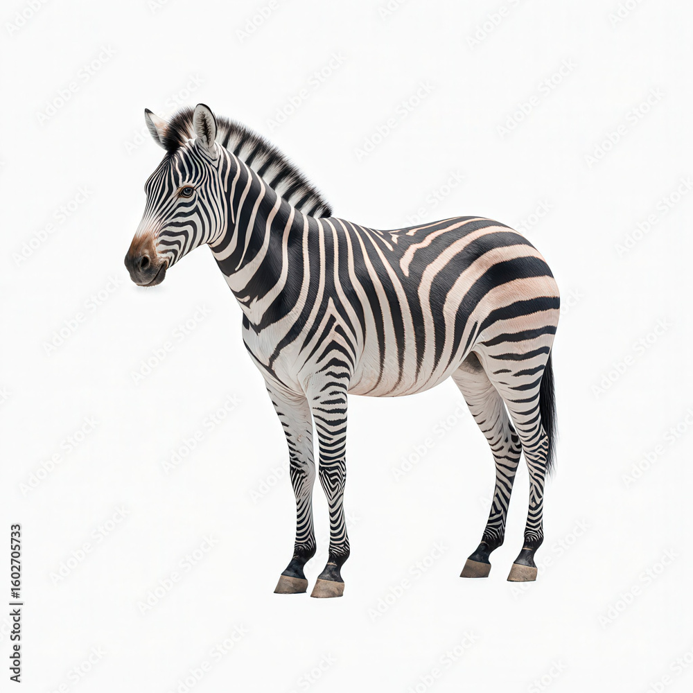 Fototapeta premium Striped Majesty: A majestic zebra stands tall, showcasing its striking black and white striped coat, a true icon of the African savanna. 
