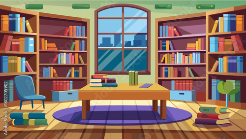 Vector art of an organized library space with symmetrical bookshelves filled with colorful books a central table with reading materials a blue chair and a large