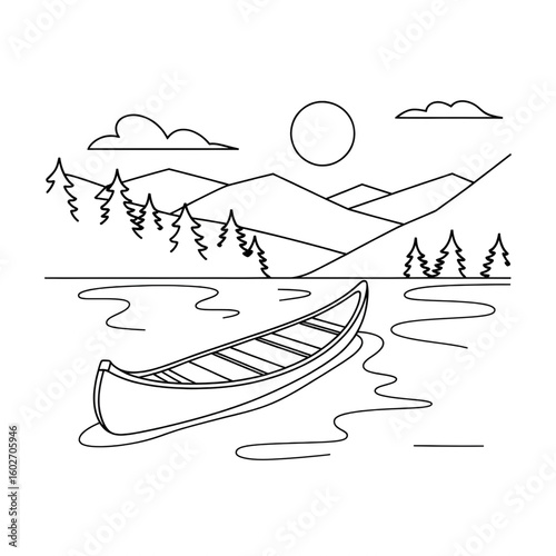 A black and white canoe illustration vector style coloring page