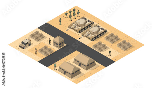 Military base in desert with tanks and soldiers standing in formation