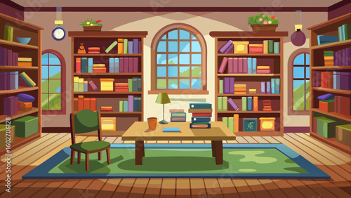 Vector art of a warm and inviting library scene during the day featuring numerous bookshelves a central table with a lamp and books and a window with a view