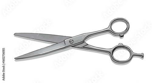 A detailed illustration of open silver metal scissors with circular finger holes and sharp blades