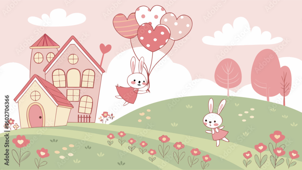 Naklejka premium Whimsical bunny adventure soaring through a dreamlike landscape with heart balloons, perfect for children's illustrations, greeting cards, and delightful springtime projects