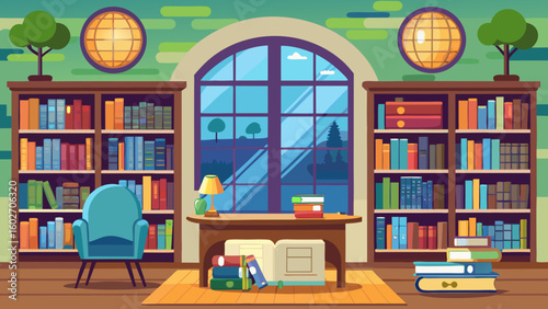 Vector art of an elegant library interior with floortoceiling bookshelves a central desk with a lamp and books a plush armchair and a large arched window overlooking