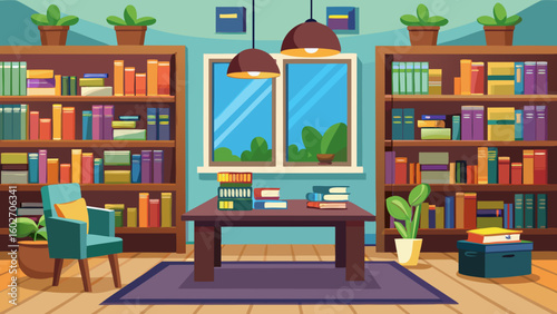 Vector art of a welcoming library scene with two large bookshelves flanking a window a wooden table with books and a comfortable armchair creating a perfect reading