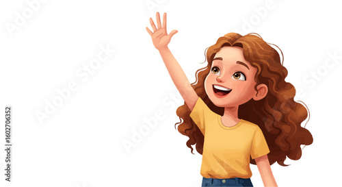Cartoon girl with curly brown hair wearing yellow shirt waving her hand cheerfully in the air