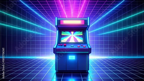 An arcade cabinet in a futuristic neon grid environment