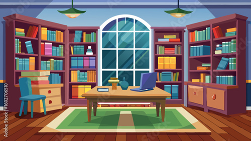 Vector art of a charming home library interior with dark purple bookshelves a central wooden desk a laptop and a large arched window letting in natural light