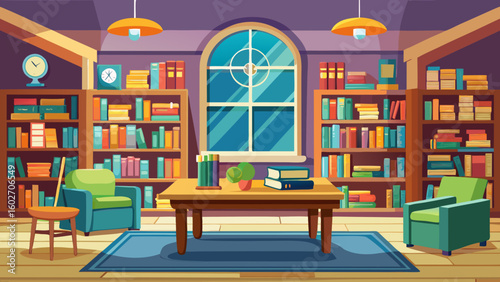 Vector art of an inviting library room with tall bookshelves two plush green armchairs a wooden desk with books and a large arched window with a view