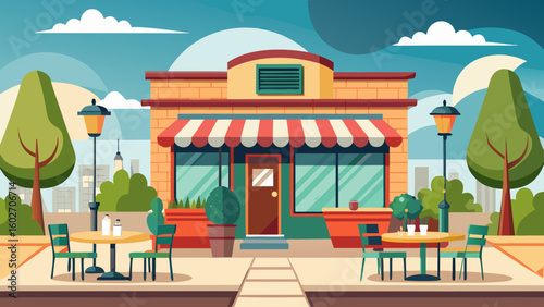 Vector art of a welcoming cafe with outdoor seating and tables surrounded by greenery and street lamps under a bright blue sky