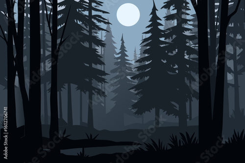 Silhouette of a moonlit pine forest at night