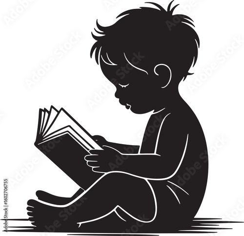 Young Child Reading Book Silhouette Illustration