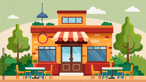 Vector art of a colorful brick cafe with striped awnings outdoor tables chairs and lush green landscaping under a daytime sky