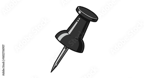 Illustration of a single black push pin with a metal point isolated on a white background in monochrome
