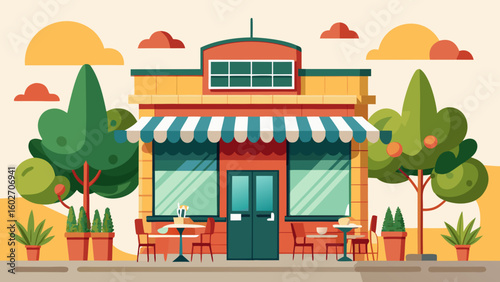 Vector art of a vibrant flat illustration of a cheerful cafe with red and white striped awning and outdoor seating surrounded by trees