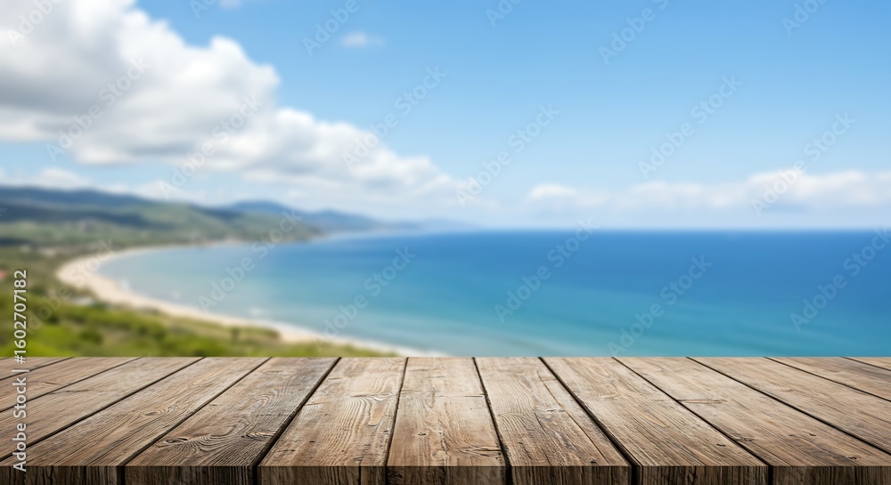Fototapeta premium A wooden table overlooks a beautiful sea and beach landscape on a sunny summer day