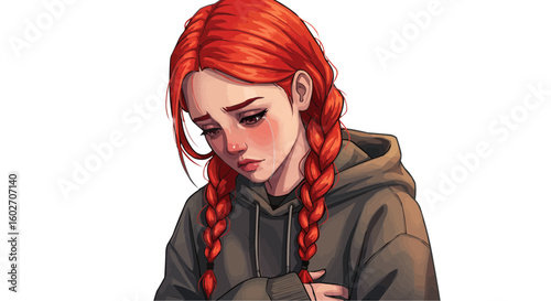 Illustration of a sad girl with red braided hair wearing a hoodie and crying with tears on her face