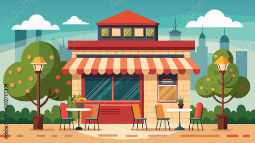 Vector art of a cozy cartoon cafe with outdoor tables street lamps and trees featuring a welcoming facade and a city skyline