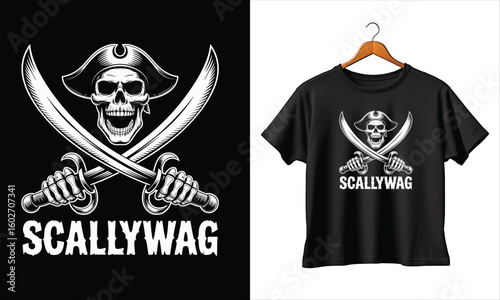 Scallywag Pirate Skull with Crossed Swords Graphic Vector T-shirt Design Print, Bold Typography, Pirate Crew Graphic, Adventure, Editable Vector for Events, Parties