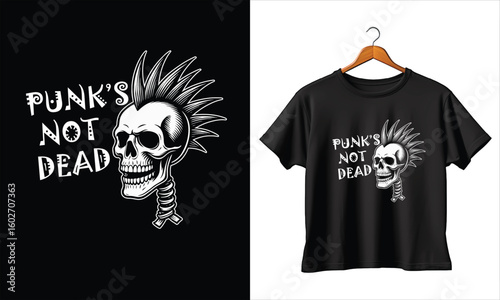 Punk’s Not Dead Skull Mohawk Graphic Vector T-shirt Design Print, Punk Rock Graphic, Edgy Skeleton Art, Alternative Music Merch, Editable Vector for Bands, Festivals