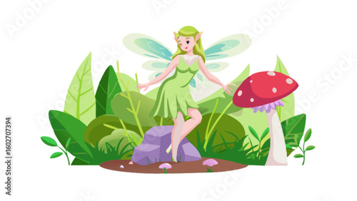 Whimsical fairy with delicate wings amidst lush greenery and fanciful mushrooms, radiating enchantment and fantasy, perfect for children's books and magical illustrations
