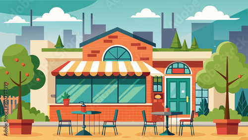 Vector art of an illustrated exterior view of a brick cafe with a striped awning outdoor tables and potted trees on a bright day