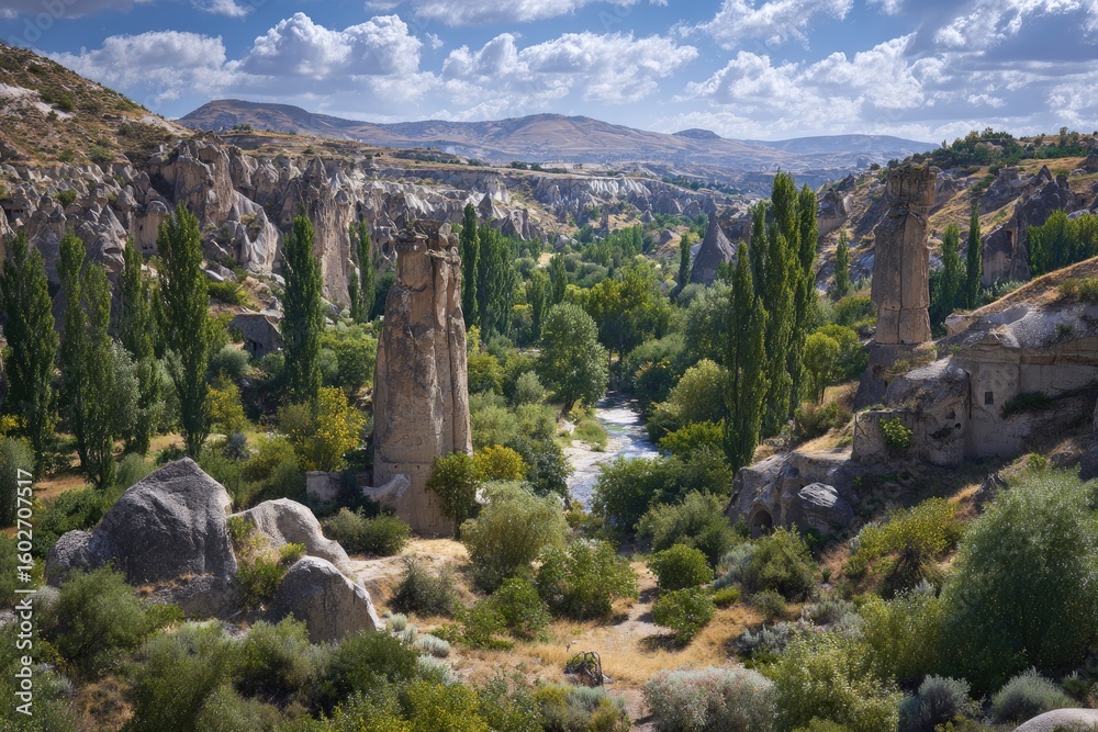 Obraz premium A valley of sculpted rock formations, lush greenery, and a flowing river