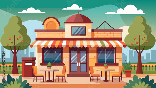 Vector art of a charming brick storefront with a striped awning outdoor seating and trees on a sunny day