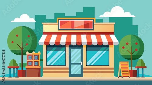Vector art of a quaint shop with a red and white striped awning featuring a mailbox outdoor tables and decorative trees