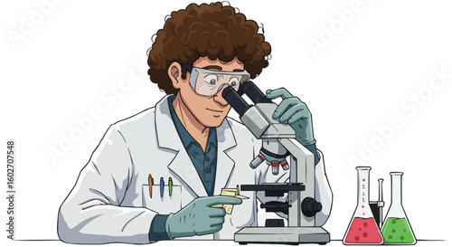 Scientist with curly hair using a microscope in a lab with beakers and lab coat on a white background