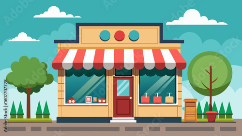 Vector art of a vibrant flat illustration of a small business storefront featuring a red and white striped awning display windows and surrounding greenery