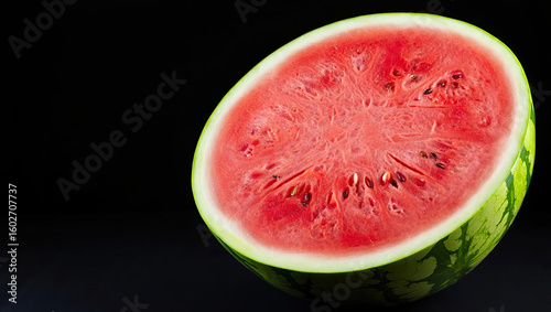 Assorted close-up shots of watermelon halves and slices on black, white and grey backgrounds, showcasing juicy red flesh and seeds.