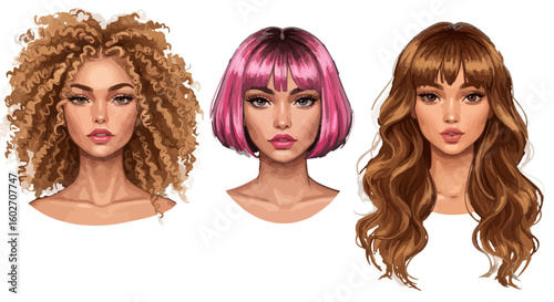 Three women with different hairstyles including curly pink bob and long wavy brown hair