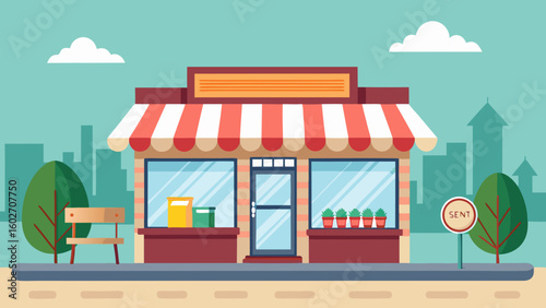 Vector art of a stylized flat illustration of a local shop with a red and white awning display window and a park bench and sign on the sidewalk