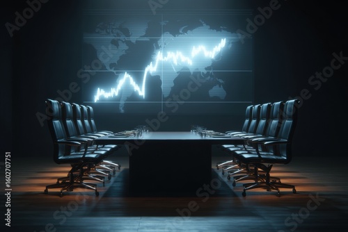 Conference table with empty chairs and glowing world economy chart hovering above, dark wood and soft spotlight.