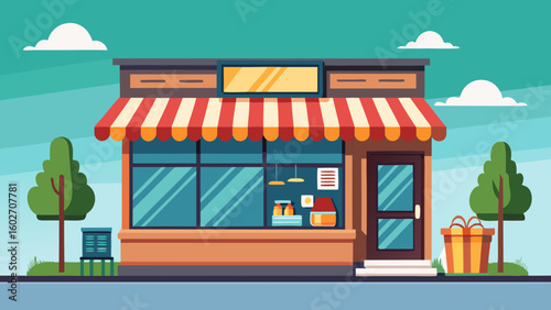 Vector art of a cheerful flat illustration depicts a quaint shop with a red and white striped awning display window and a gift basket outside
