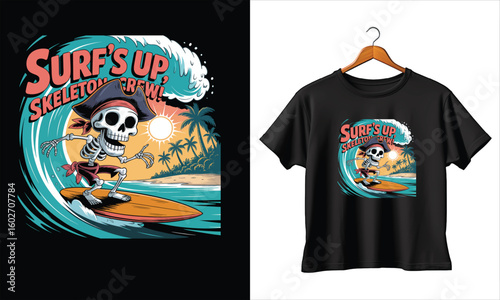 Surf’s Up Skeleton Crew Graphic Vector T-shirt Design Print – Cool Skeleton Surfer, Beach Wave, Summer Surfing Graphic Tee, Retro Ocean Vibes, Fun Beachwear, Skeleton Art Shirt