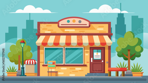 Vector art of a cheerful flat design illustration of a brick storefront with a striped awning large windows a lamp post and trees on a bright cloudy day
